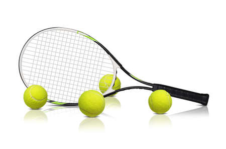 Tennis rackets and ball isolated on white backgroundの写真素材