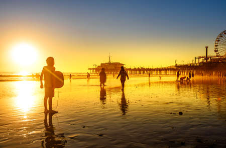 Santa Monica beach and pier in California USA at sunsetの写真素材
