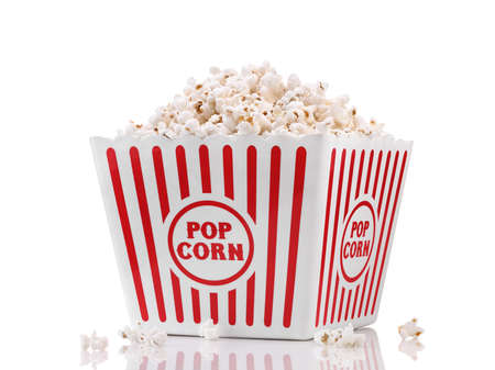 Red and white popcorn box isolated on white backgroundの写真素材