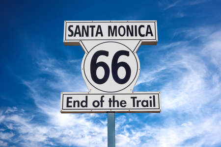 Route 66 End of Trail road sign in Santa Monica, Los Angeles, Californiaの写真素材