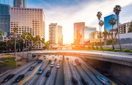 Downtown Los Angeles traffic at sunsetのeditorial素材