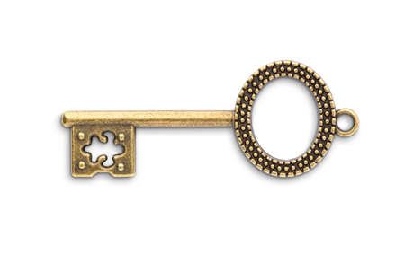 Vintage golden skeleton key isolated on white backgroundの写真素材