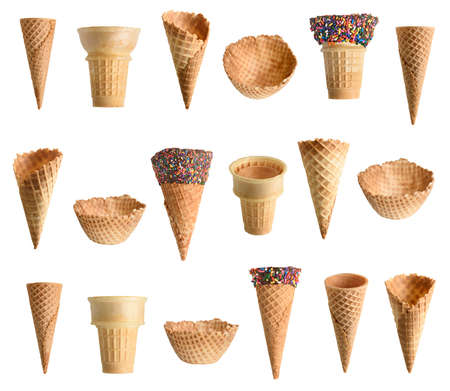 Collection of ice cream cones with chocolate and sprinkles isolated on white backgroundの写真素材