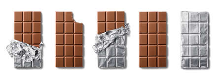 Top view of milk chocolate bars . Isolated on white backgroundの写真素材