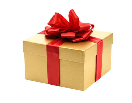 Golden gift box isolated on a white backgroundの写真素材