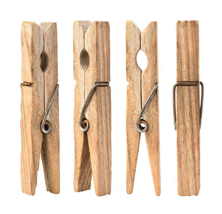 Set of wooden cloth pegs isolated on white backgroundの写真素材