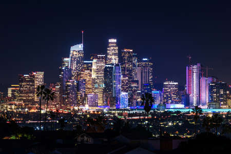 Downtown Los Angeles skyline at nightの写真素材