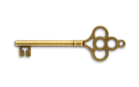 Vintage golden skeleton key isolated on white backgroundの写真素材