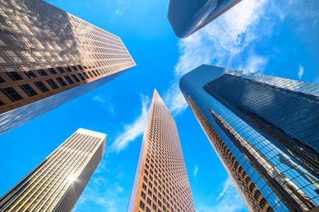 Downtown Los Angeles skyscrapers skyline at sunny dayの写真素材