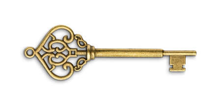 Vintage golden skeleton key isolated on white backgroundの写真素材