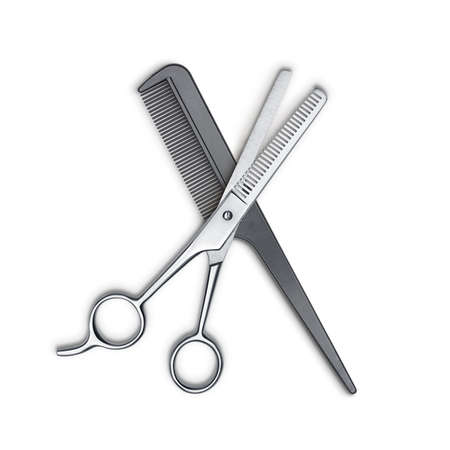 Hair cutting shears and comb isolated on whiteの写真素材