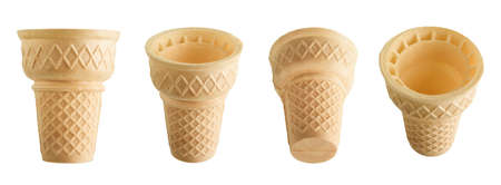 Collection of empty ice cream cones isolated on white backgroundの写真素材
