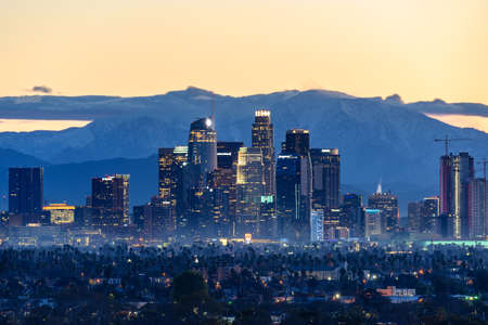 Downtown Los Angeles skyline at foggy sunriseの写真素材