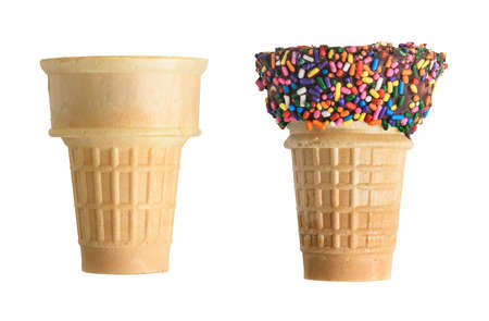 ice cream cones with chocolate and sprinkles isolated on white backgroundの写真素材
