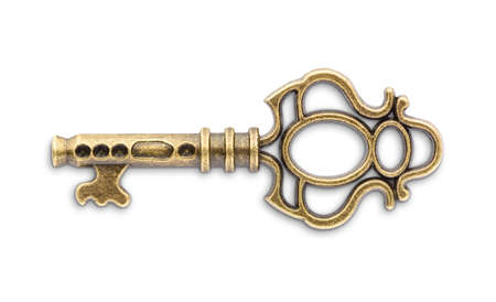 Vintage golden skeleton key isolated on white backgroundの写真素材