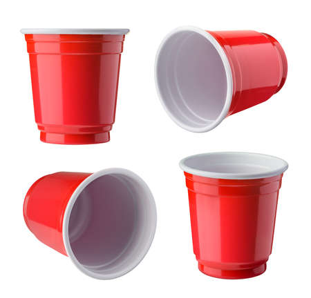 Red Beer Pong plastic cups isolated on white background.の写真素材