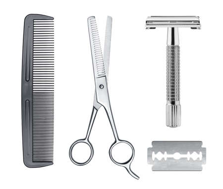 Comb, razor and scissors isolated on white backgroundの写真素材