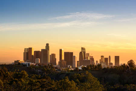 Downtown Los Angeles skyline at sunsetの写真素材