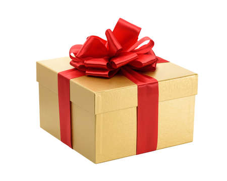 Golden gift box isolated on a white backgroundの写真素材