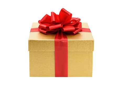 Golden gift box isolated on a white backgroundの写真素材