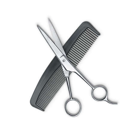 Hair cutting shears and comb isolated on whiteの写真素材