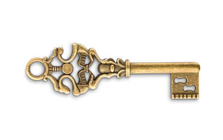 Vintage golden skeleton key isolated on white backgroundの写真素材