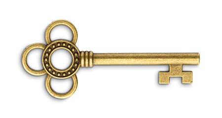 Vintage golden skeleton key isolated on white backgroundの写真素材