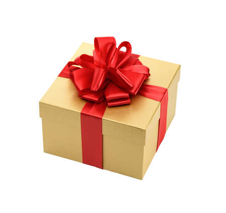 Golden gift box isolated on a white backgroundの写真素材