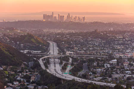 Downtown Los Angeles skyline at sunsetの写真素材