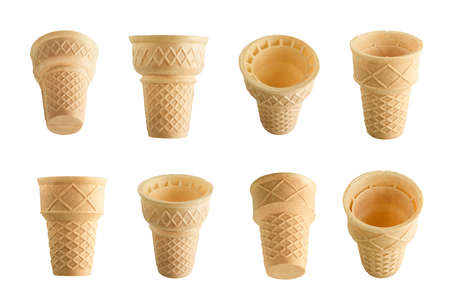 Collection of empty ice cream cones isolated on white backgroundの写真素材