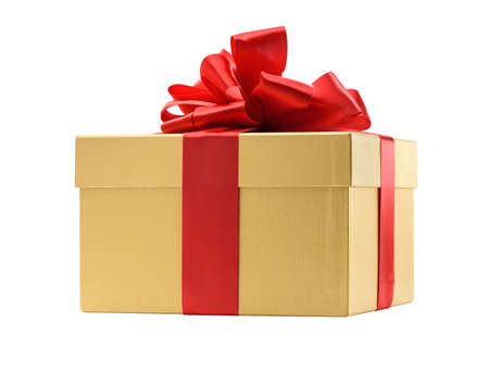Golden gift box isolated on a white backgroundの写真素材