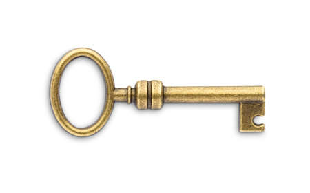 Vintage golden skeleton key isolated on white backgroundの写真素材