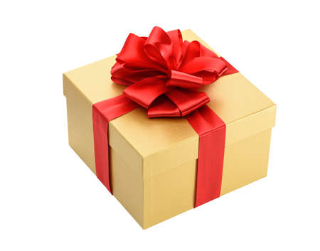 Golden gift box isolated on a white backgroundの写真素材