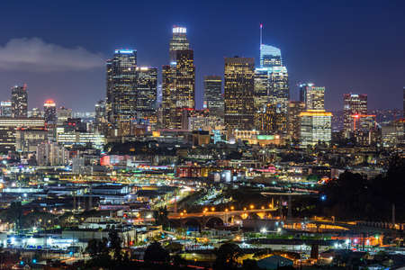 Downtown Los Angeles  skyline at nightの写真素材
