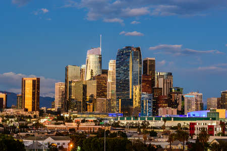 Downtown Los Angeles skyline at sunsetの写真素材
