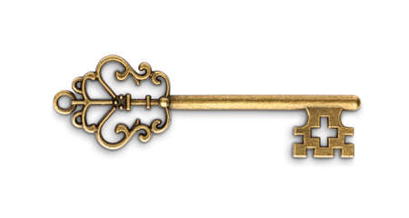 Vintage golden skeleton key isolated on white backgroundの写真素材