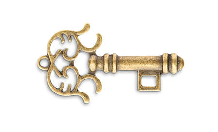 Vintage golden skeleton key isolated on white backgroundの写真素材