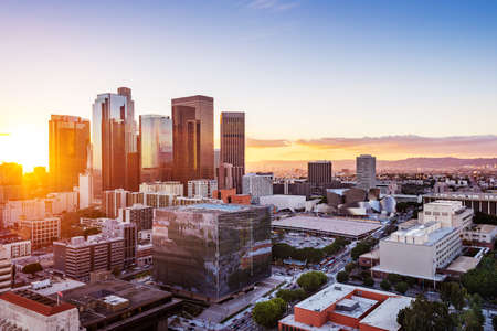 Los Angeles downtown skyline at sunsetの写真素材