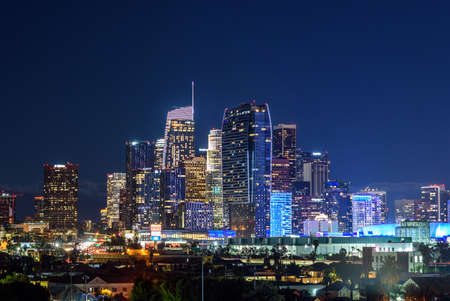 Downtown Los Angeles skyline at nightの写真素材