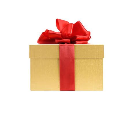 Golden gift box isolated on a white backgroundの写真素材