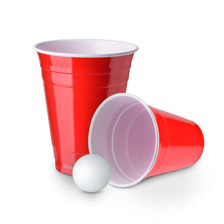 Beer pong. Red plastic cups and table tennis ball isolated on white backgroundの写真素材
