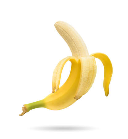 Peeled banana isolated on white backgroundの写真素材