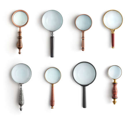 Collection of magnifying glass isolated on white backgroundの写真素材