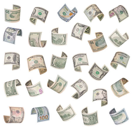 Set of flying dollars bills. Isolated on white backgroundの写真素材