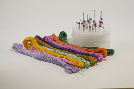 pin cushion with needles and threads,white background