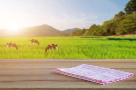 Empty old wooden table and pink checked tablecloth over blurred background of the rural meadows and cows, mountain, blue sky among bright sunlight on a clear day. Can be used for display or montage foの写真素材