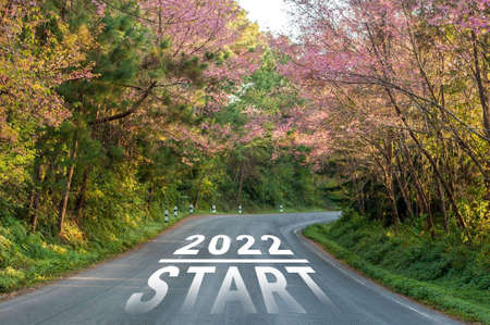 Start new year 2022 text on long country road on top of the mountain with The cherry blossoms are...