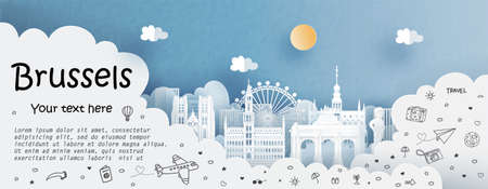 Tour and travel advertising template with travel to Brussels, Belgium with famous landmarks in paper cut style vector illustrationのイラスト素材