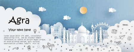 Tour and travel advertising template with travel to Agra, India with famous landmarks in paper cut style vector illustrationのイラスト素材