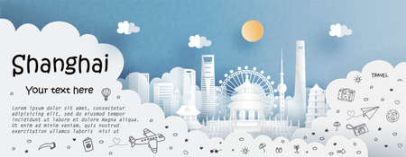 Tour and travel advertising template with travel to Shanghai, China with famous landmarks in paper cut style vector illustrationのイラスト素材